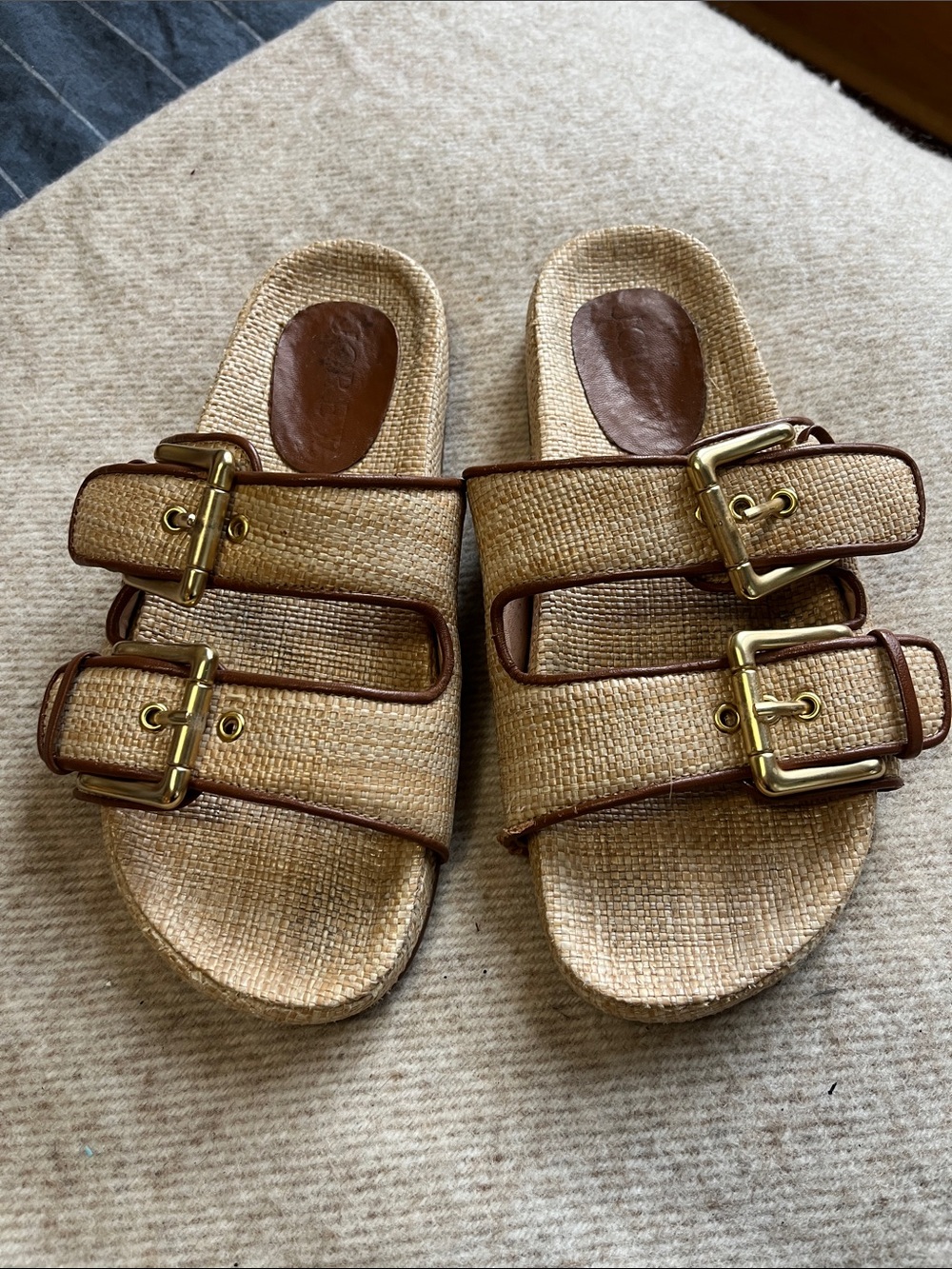 J. Crew Natural Straw Double-Buckle Slide Sandals with Brown Trim - Picture 2 of 5